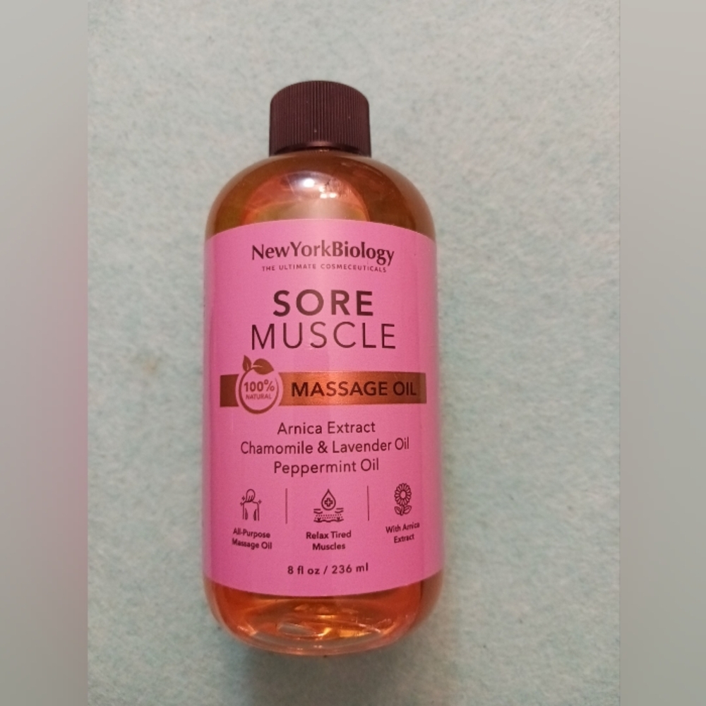 New York Biology Sore Muscle Massage Oil 8oz Made In USA, Natural Oil *No Pump*